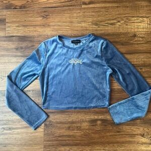 Vintage Y2K‎ Blue Velvet Long Sleeve Crop Embroidered Angel Streetwear Small